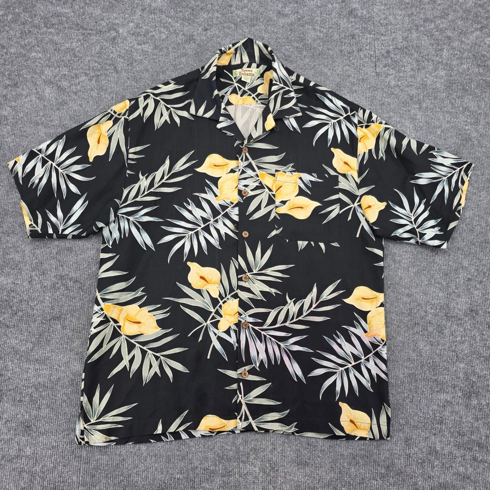 Tommy Bahama Mens Large Silk Hawaiian Shirt Black Yellow Floral Calla Lily L